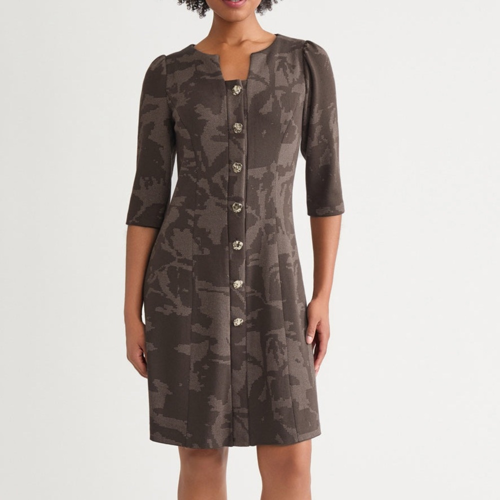 Ming Wang Floral Jacquard Button-Up Knit Dress in Warm Taupe Dark Umber NWT